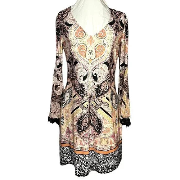 Boho Paisley Print Long Sleeve Dress XS - Picture 1 of 5